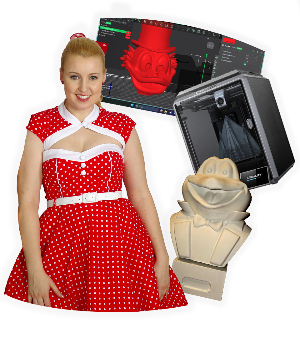 Charlotte mit 3D-Design und Druck Software und Hardware, sowie einem Objekt (Mr. Toad)